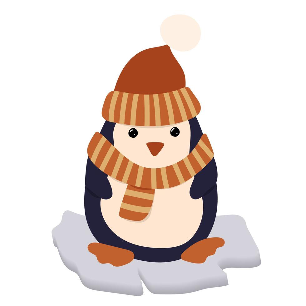 Penguin in hat and scarf on an ice floe. Winter clipart. vector
