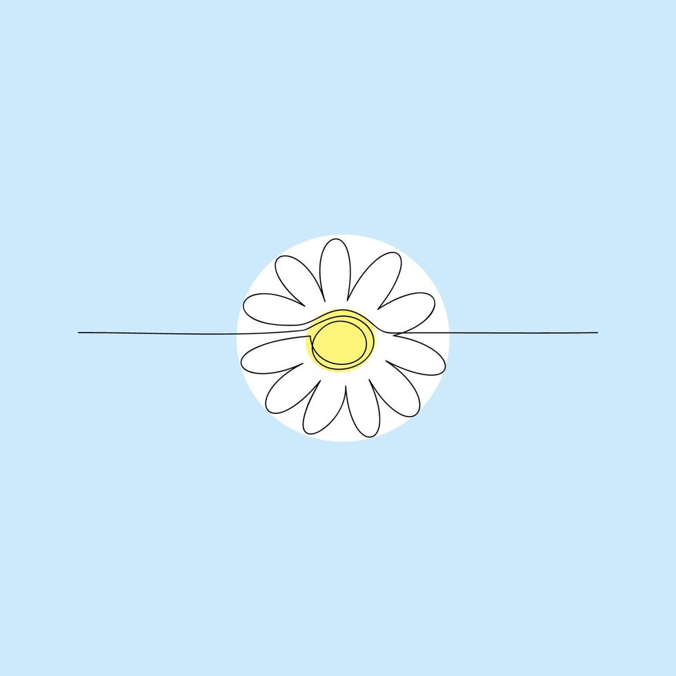 White chamomile drawn in one line on a blue background. Design for logo, flyer, brochure. vector