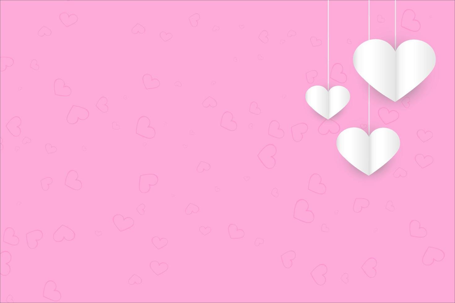Three vector white paper hearts pendants on a pink background with hearts. Valentines day card
