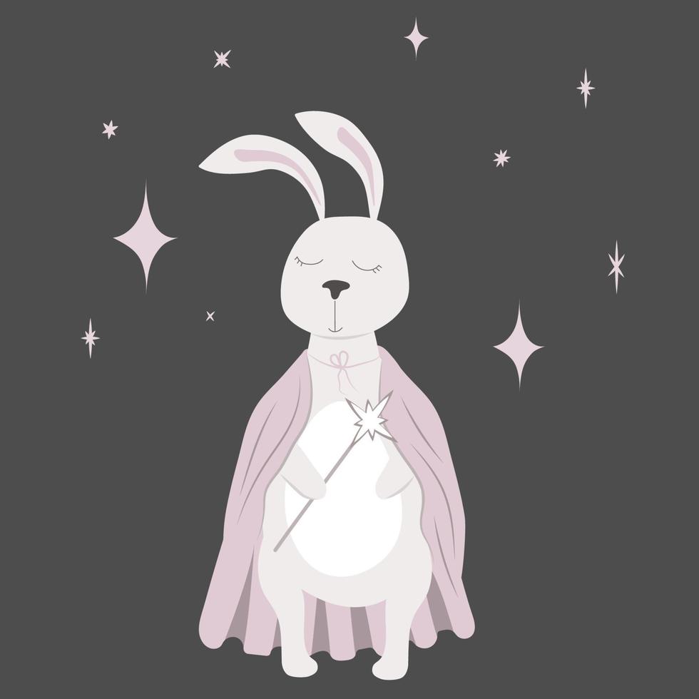 la liebre blanca vestida de mago bajo las estrellas. conejo con varita mágica y manto. vector