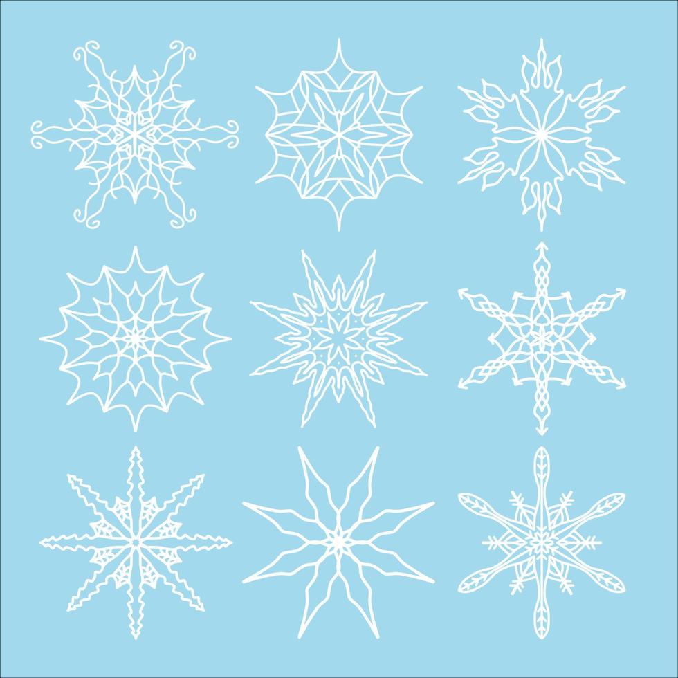 Set of nine openwork vector snowflakes. Element for design