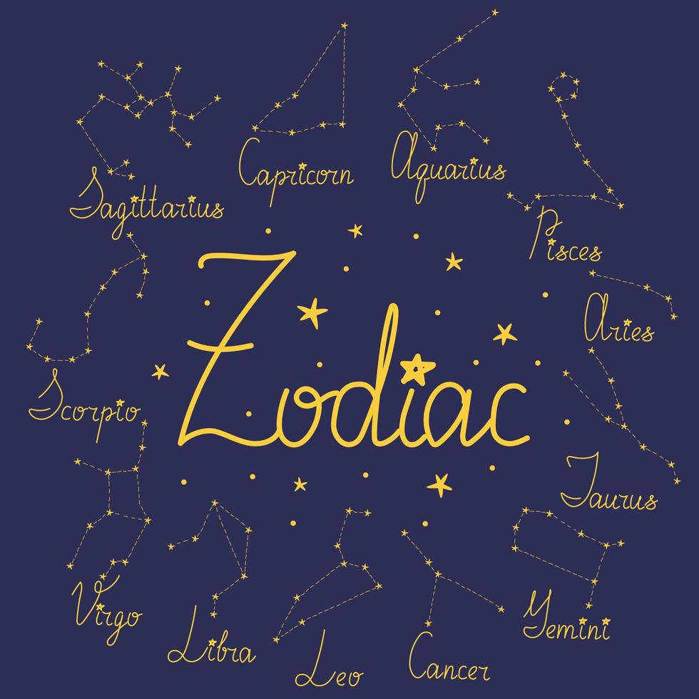 Zodiac constellations on the dark night sky. Design elements vector