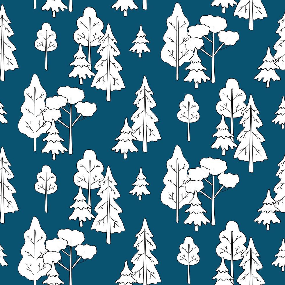patrón sin costuras con árboles blancos en el bosque sobre fondo azul. telón de fondo para colorear para niños. vector