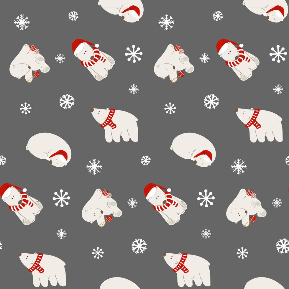 Seamless pattern with Christmas white polar bears and snowflakes. Festive wrapping paper for New Year, xmas vector