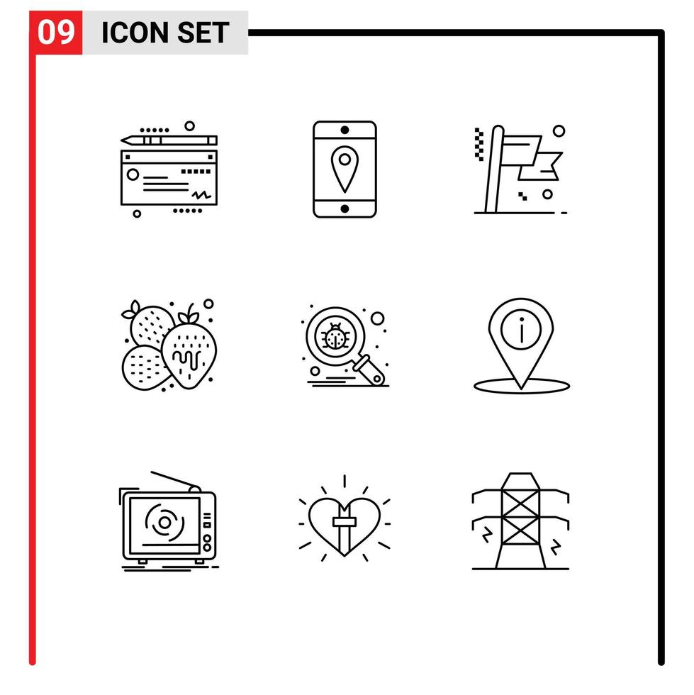 Set of 9 Vector Outlines on Grid for protect scan flag bug fruit Editable Vector Design Elements
