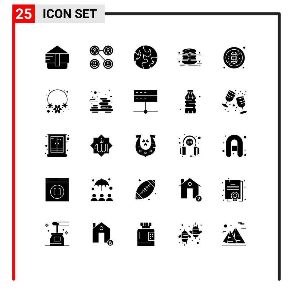 conjunto de glifos sólidos de interfaz móvil de 25 pictogramas de infografías de dieta de mundo saludable de flores elementos de diseño de vectores editables