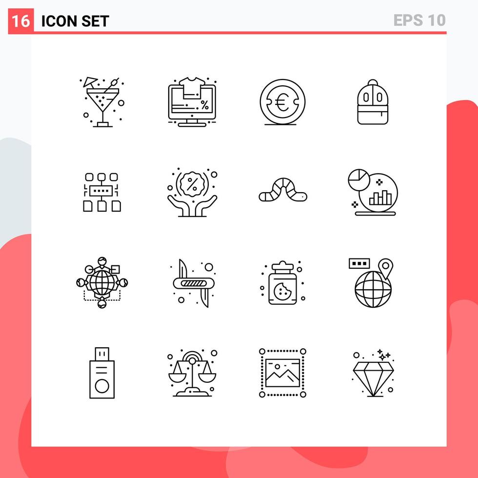 Mobile Interface Outline Set of 16 Pictograms of algorithm study coin backbag money Editable Vector Design Elements