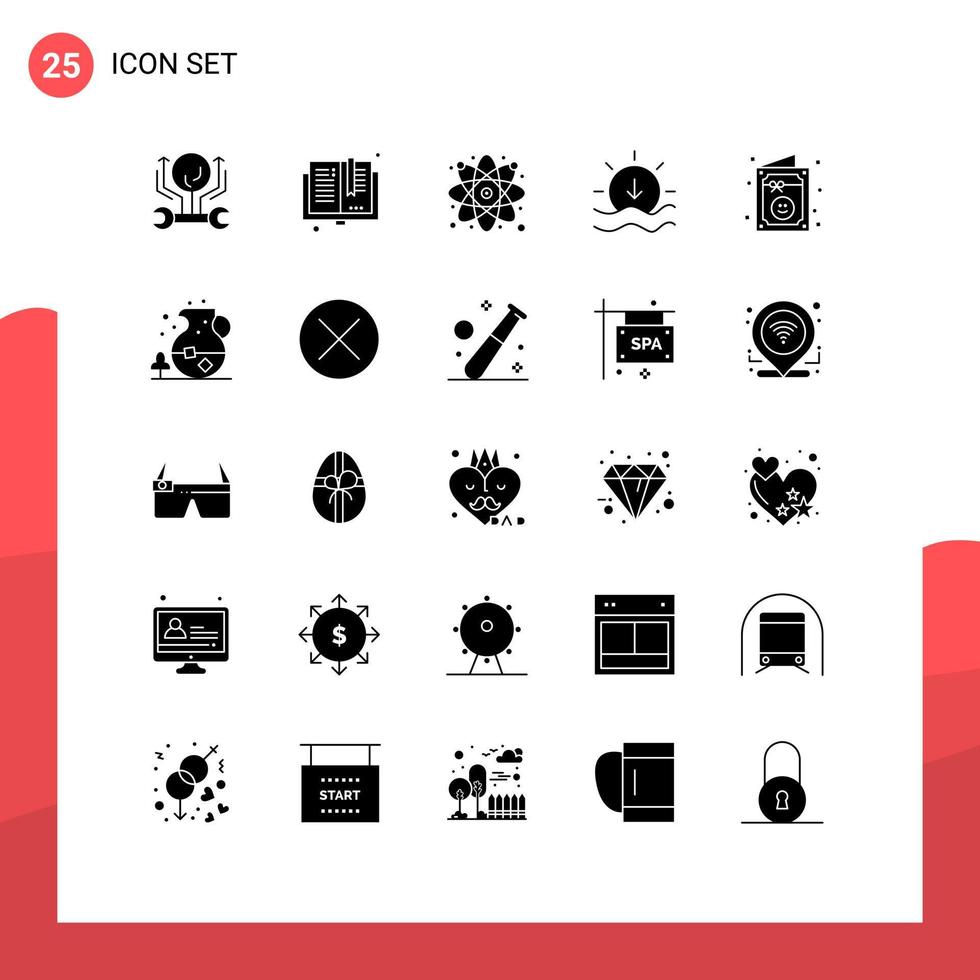 25 Universal Solid Glyphs Set for Web and Mobile Applications birthday sunset library sun laboratory Editable Vector Design Elements