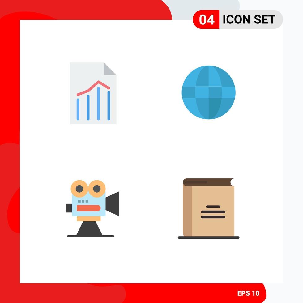 Mobile Interface Flat Icon Set of 4 Pictograms of document camera report globe film Editable Vector Design Elements