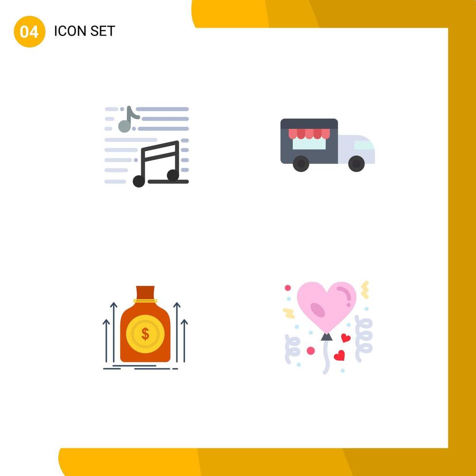 Editable Vector Line Pack of 4 Simple Flat Icons of music money song shop on wheels fund Editable Vector Design Elements