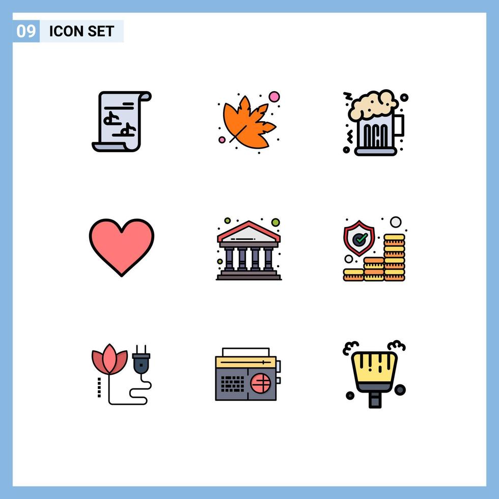 paquete de 9 signos y símbolos de colores planos de línea de relleno modernos para medios de impresión web, como la construcción de la interfaz del banco nocturno de la ciudad, elementos de diseño de vectores editables