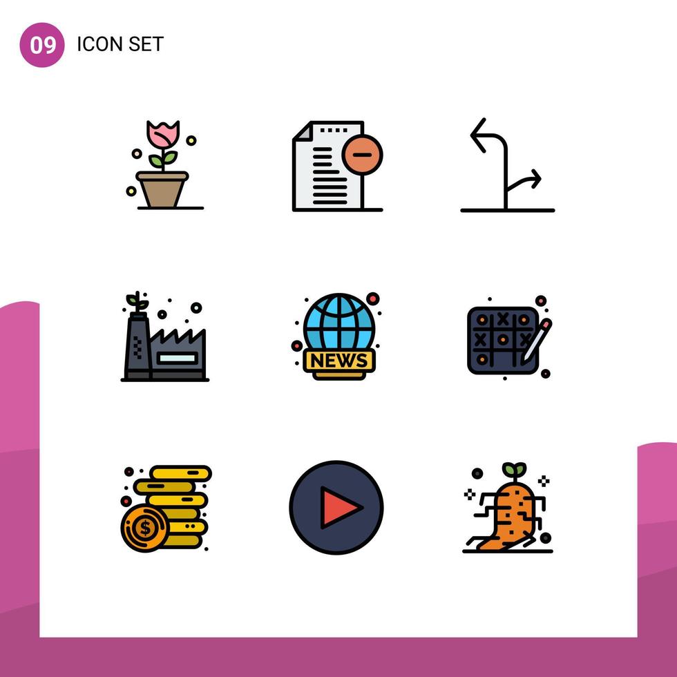 paquete de 9 signos y símbolos de colores planos de línea de relleno modernos para medios de impresión web, como flechas en vivo en todo el mundo, fábrica verde, fabricación ecológica, elementos de diseño de vectores editables