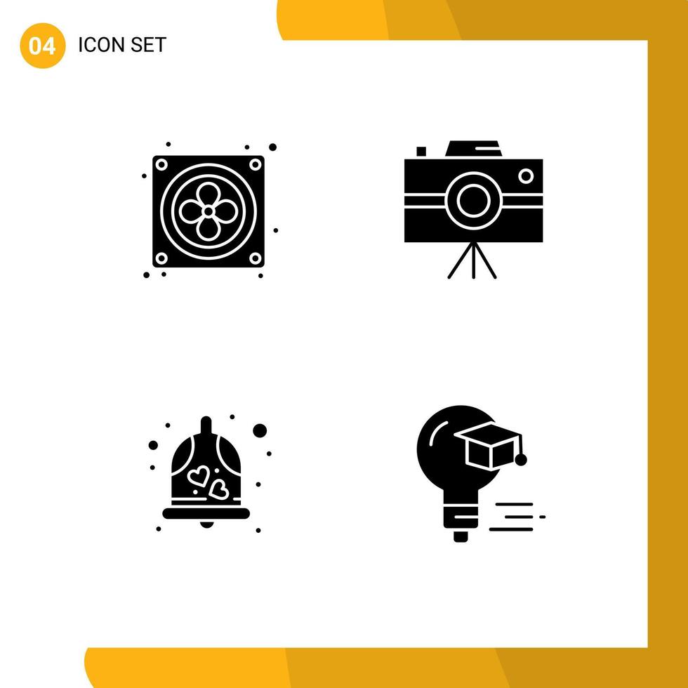 Universal Icon Symbols Group of 4 Modern Solid Glyphs of computer wedding camcorder professional camera bulb Editable Vector Design Elements