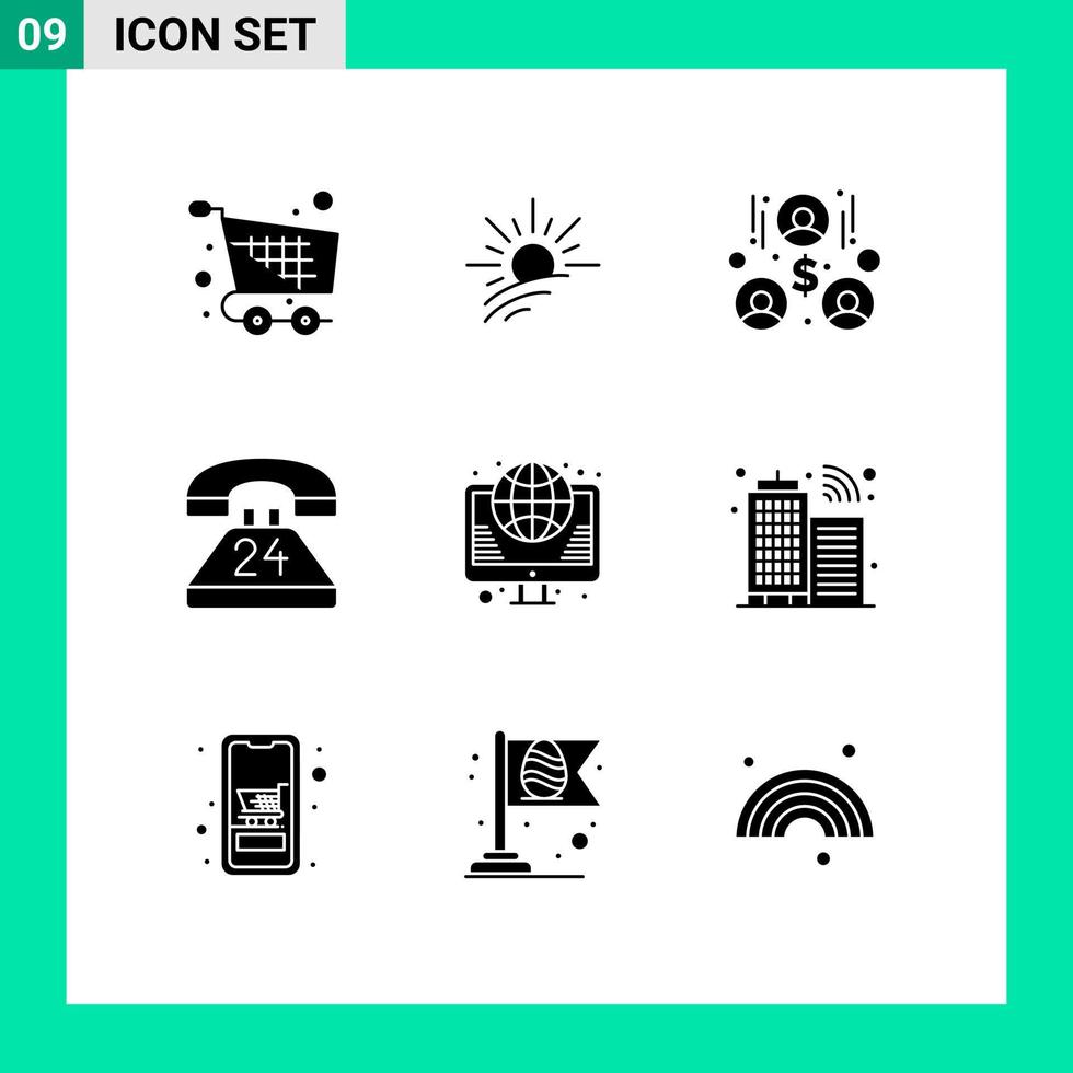 Set of 9 Vector Solid Glyphs on Grid for globe contact spring communication anytime Editable Vector Design Elements