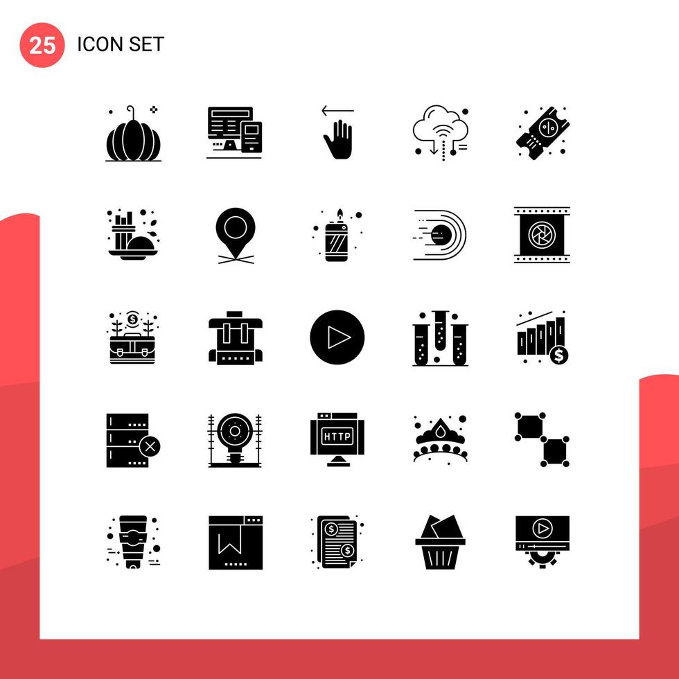 Mobile Interface Solid Glyph Set of 25 Pictograms of ticket cloud hand router internet Editable Vector Design Elements