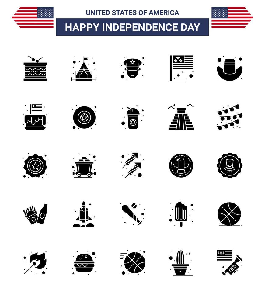 4 de julio estados unidos feliz día de la independencia icono símbolos grupo de 25 glifo sólido moderno de sombrero hombre americano estados unidos país editable día de estados unidos elementos de diseño vectorial vector