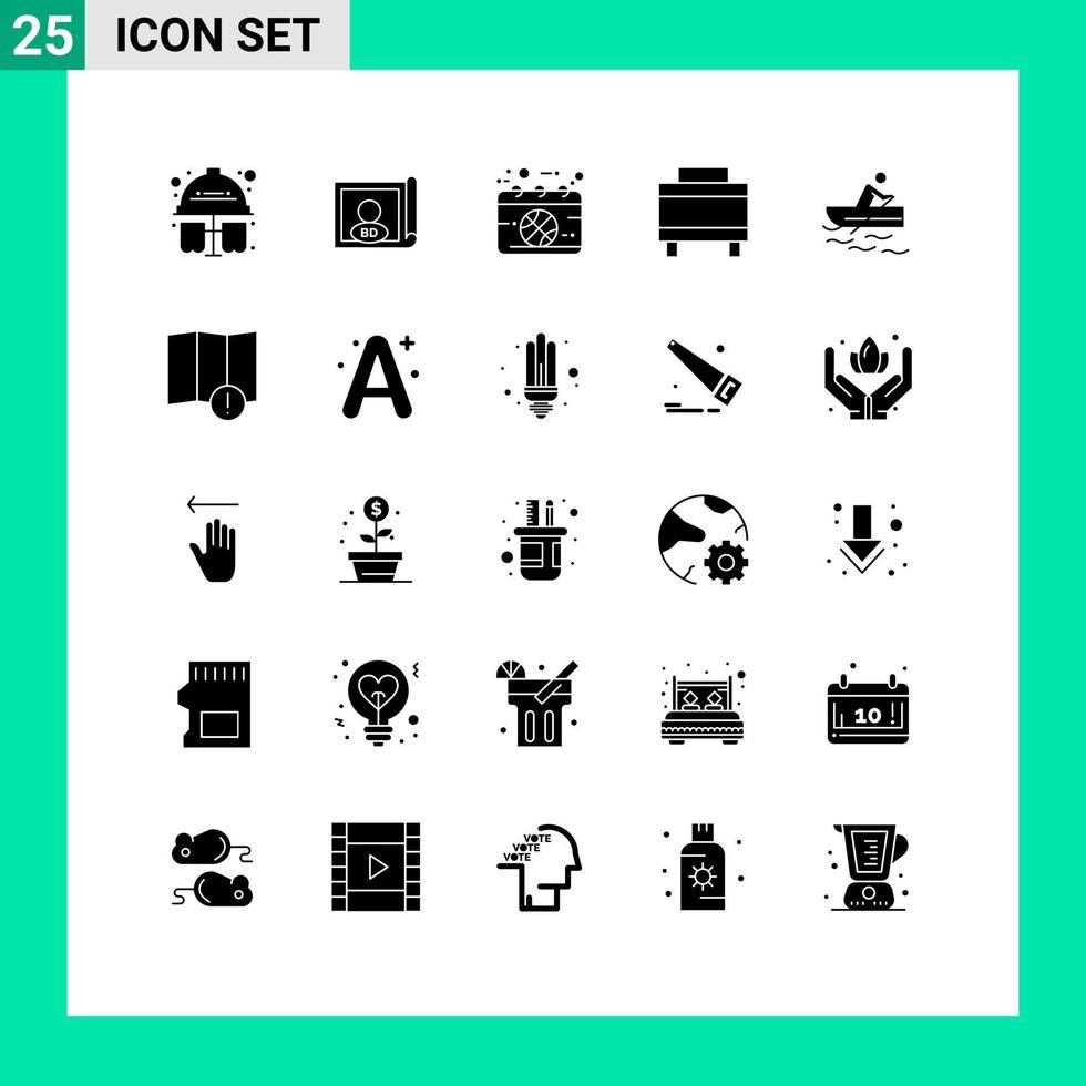 25 User Interface Solid Glyph Pack of modern Signs and Symbols of rowing travel calendar suitcase sport Editable Vector Design Elements