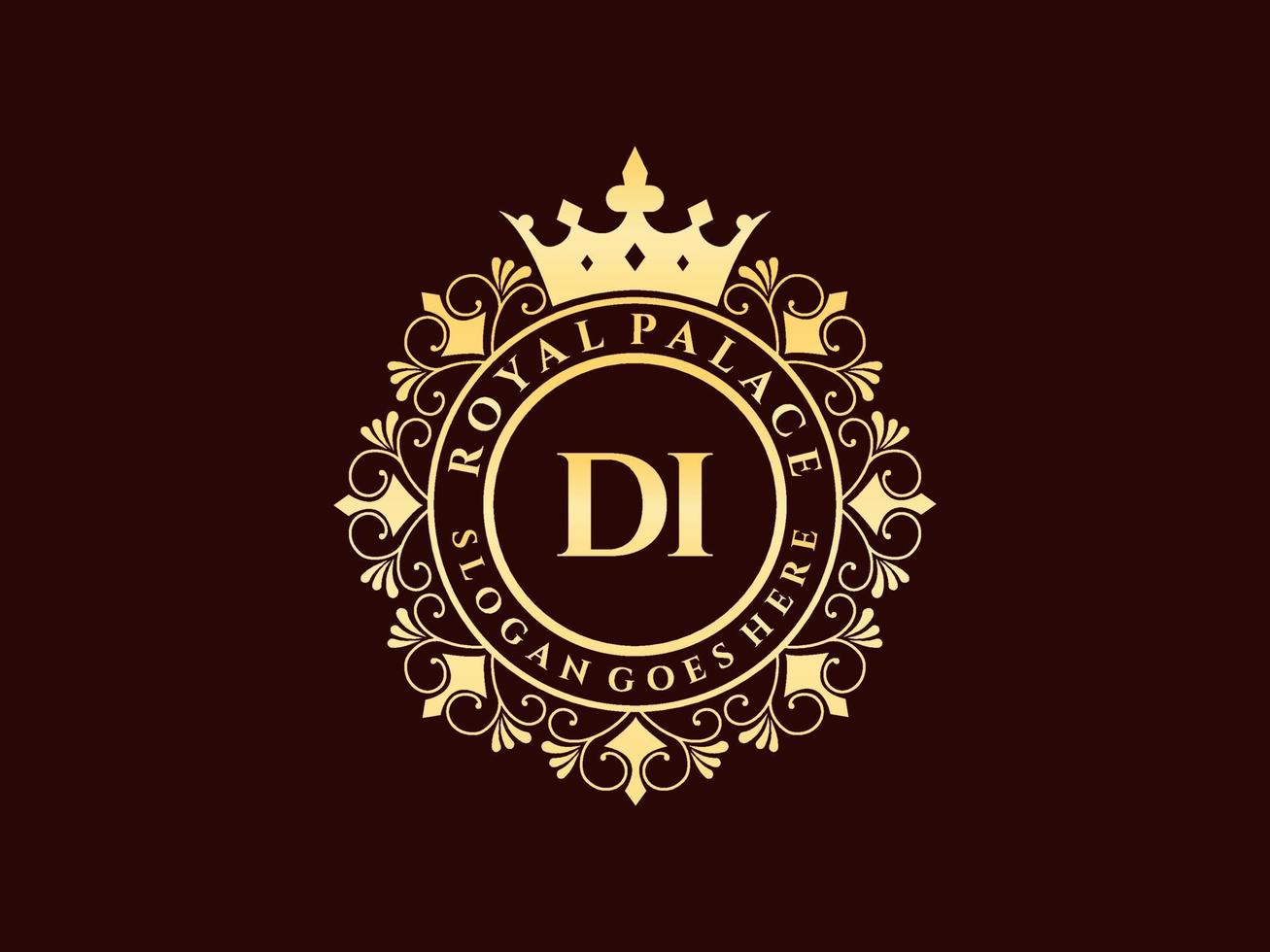 Letter DI Antique royal luxury victorian logo with ornamental frame. vector