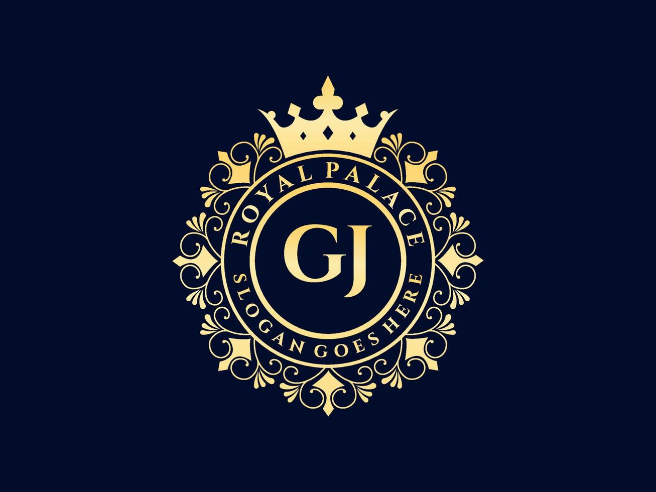 letra gj logotipo victoriano de lujo real antiguo con marco ornamental. vector