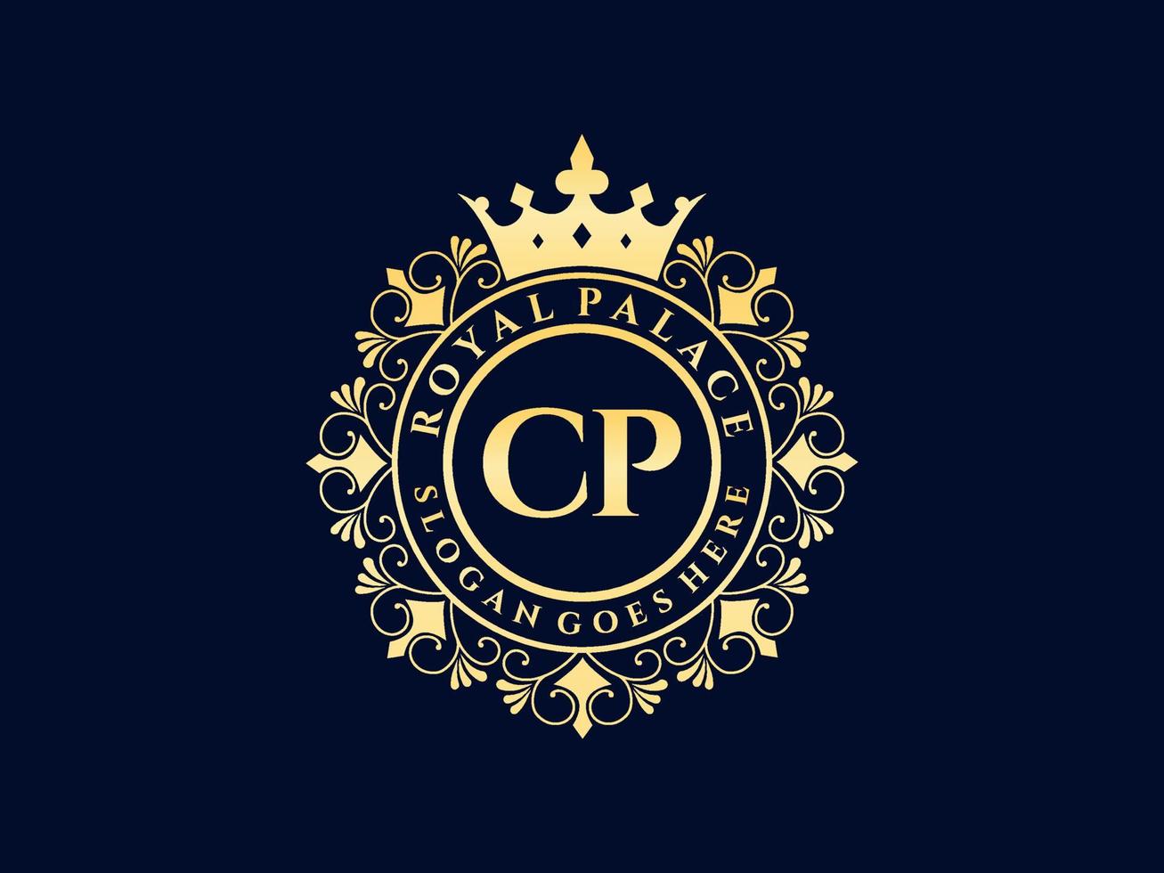 Letter CP Antique royal luxury victorian logo with ornamental frame. vector