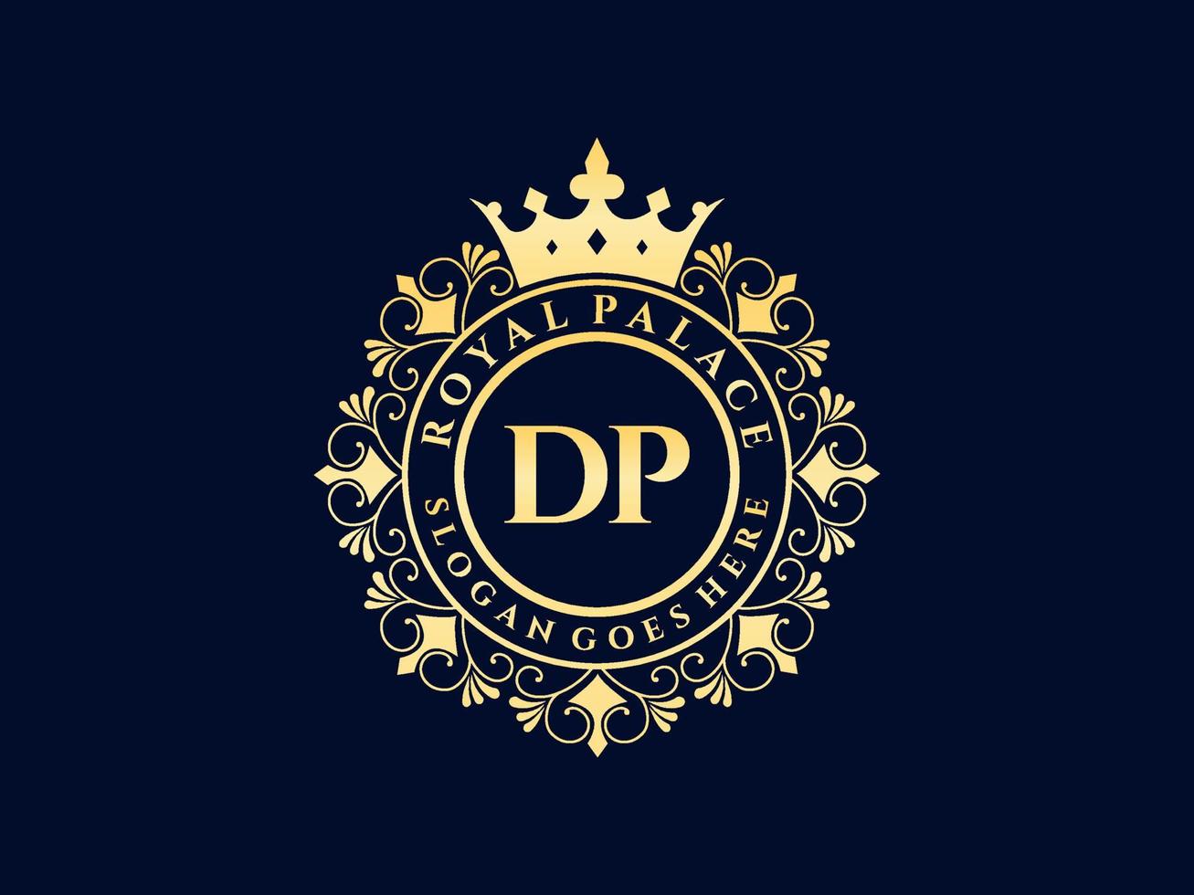 Letter DP Antique royal luxury victorian logo with ornamental frame. vector