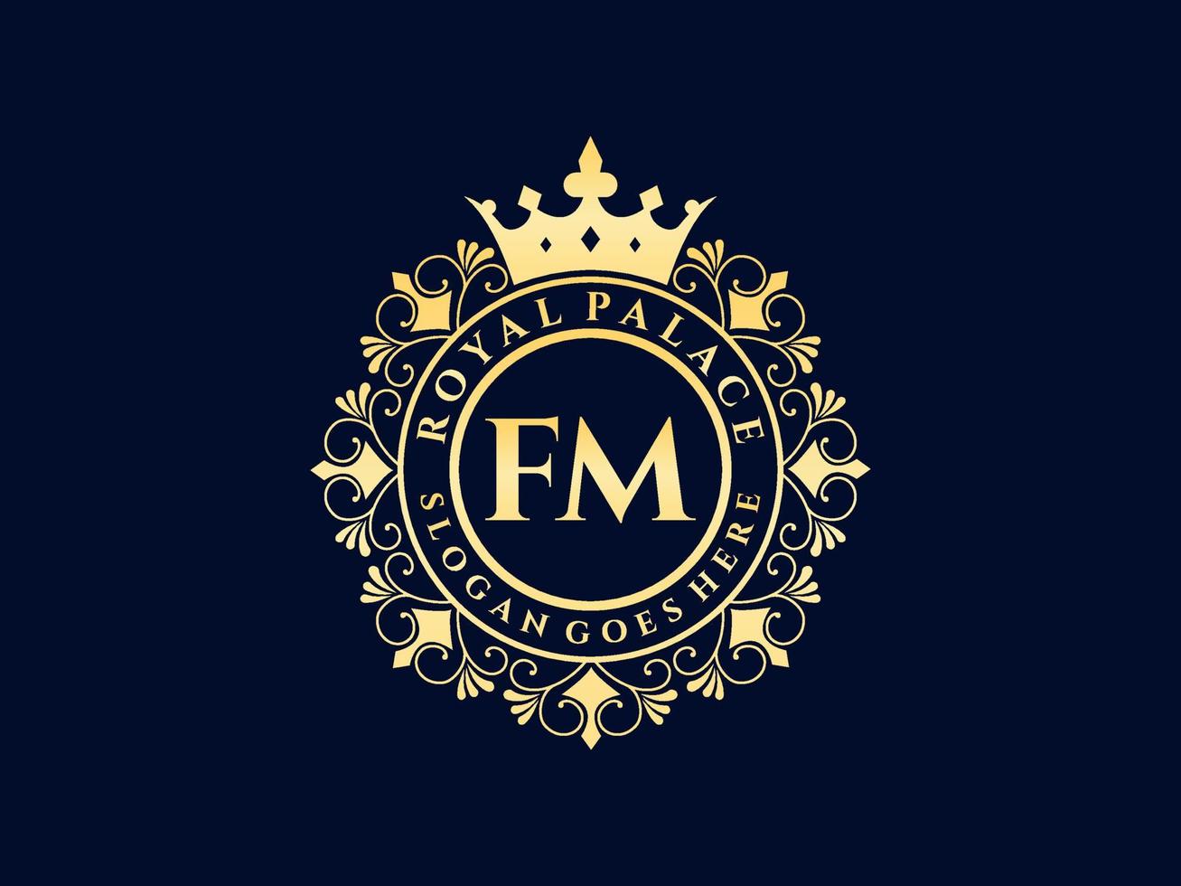 letra fm logotipo victoriano de lujo real antiguo con marco ornamental. vector