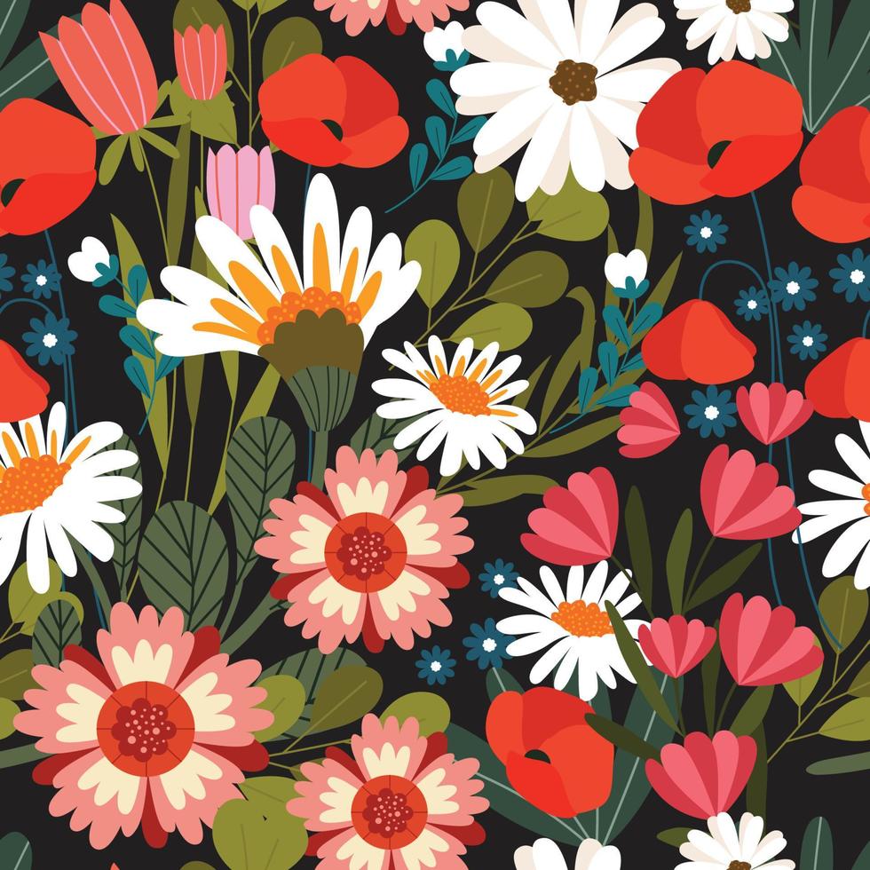 flores de patrones sin fisuras con fondo negro vector