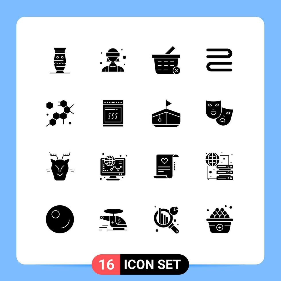 16 Solid Glyph concept for Websites Mobile and Apps molecule towel virtual reality cleaning shopping Editable Vector Design Elements