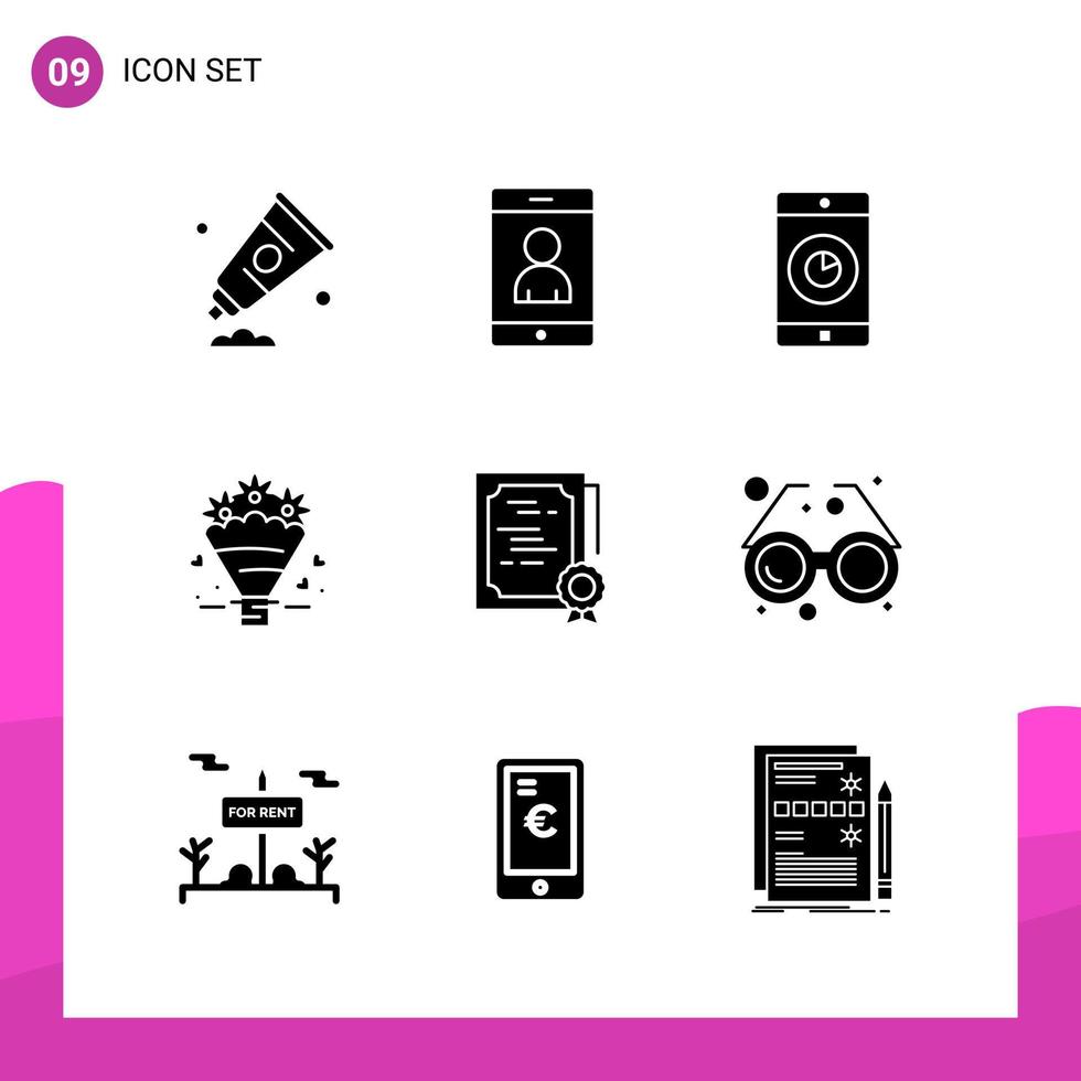 paquete de conjunto de iconos de glifo de 9 iconos sólidos aislados en fondo blanco para aplicaciones móviles y de impresión de diseño de sitios web receptivos vector