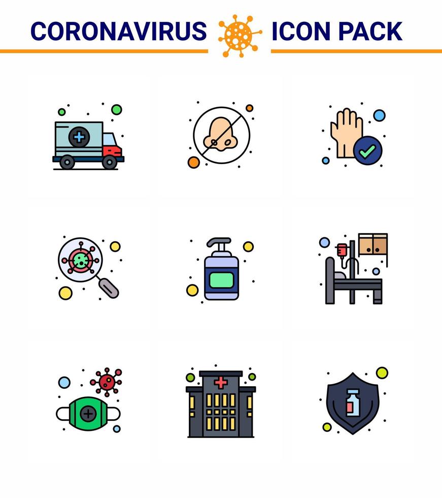 Coronavirus Precaution Tips icon for healthcare guidelines presentation 9 Filled Line Flat Color icon pack such as hand sanitizer magnifying hand interfac devirus viral coronavirus 2019nov diseas vector