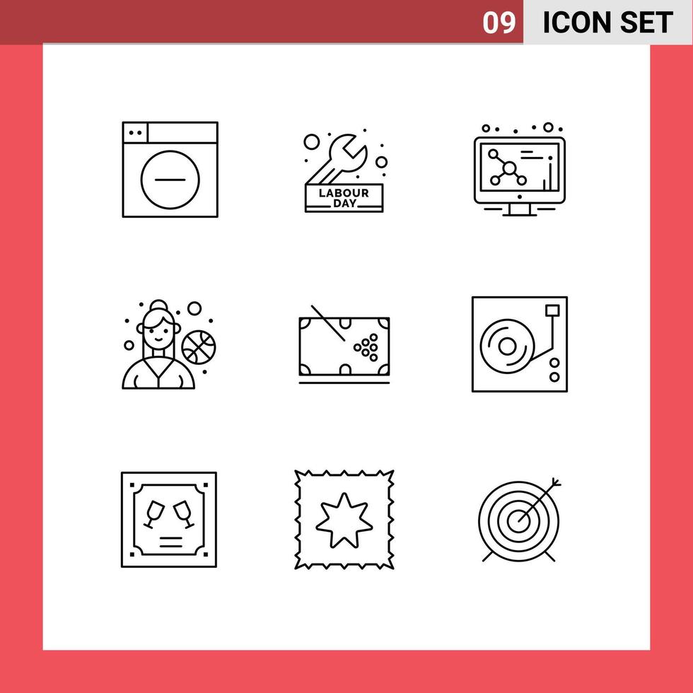 Set of 9 Commercial Outlines pack for pool outdoor game wrench female player molecule Editable Vector Design Elements