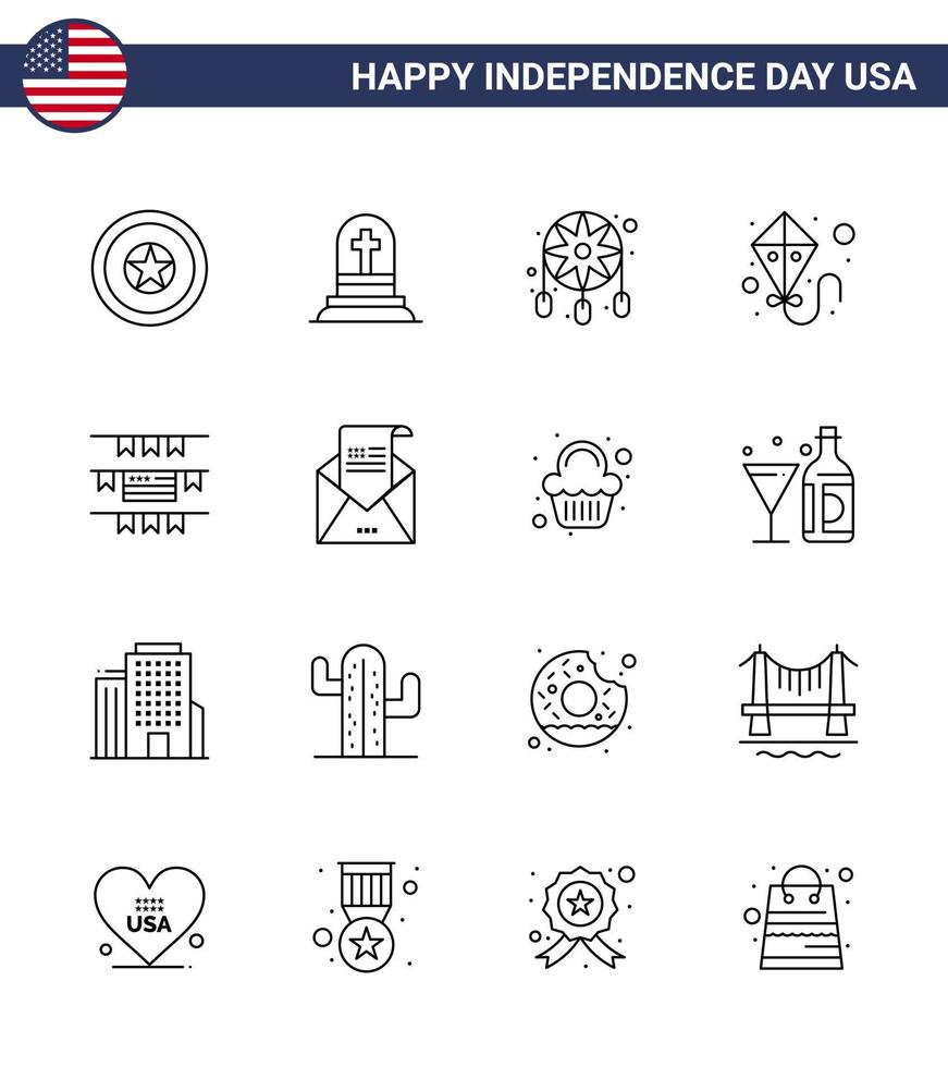 Set of 16 Modern Lines pack on USA Independence Day american buntings adornment flying kite Editable USA Day Vector Design Elements