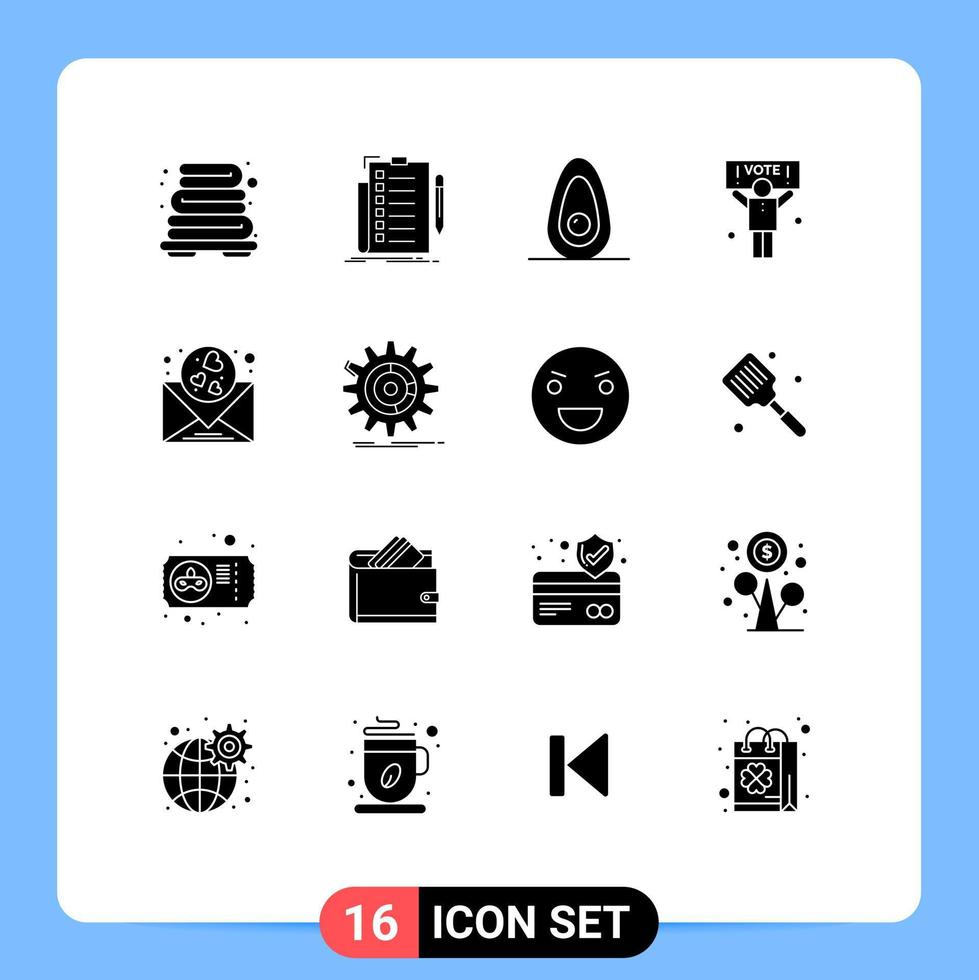 Editable Vector Line Pack of 16 Simple Solid Glyphs of mail heart avocado vote political Editable Vector Design Elements