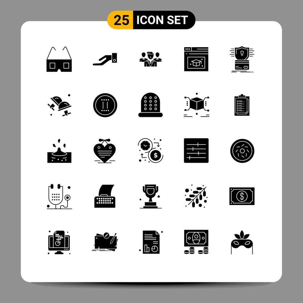 Solid Glyph Pack of 25 Universal Symbols of hack card friendzone creditcard cap Editable Vector Design Elements