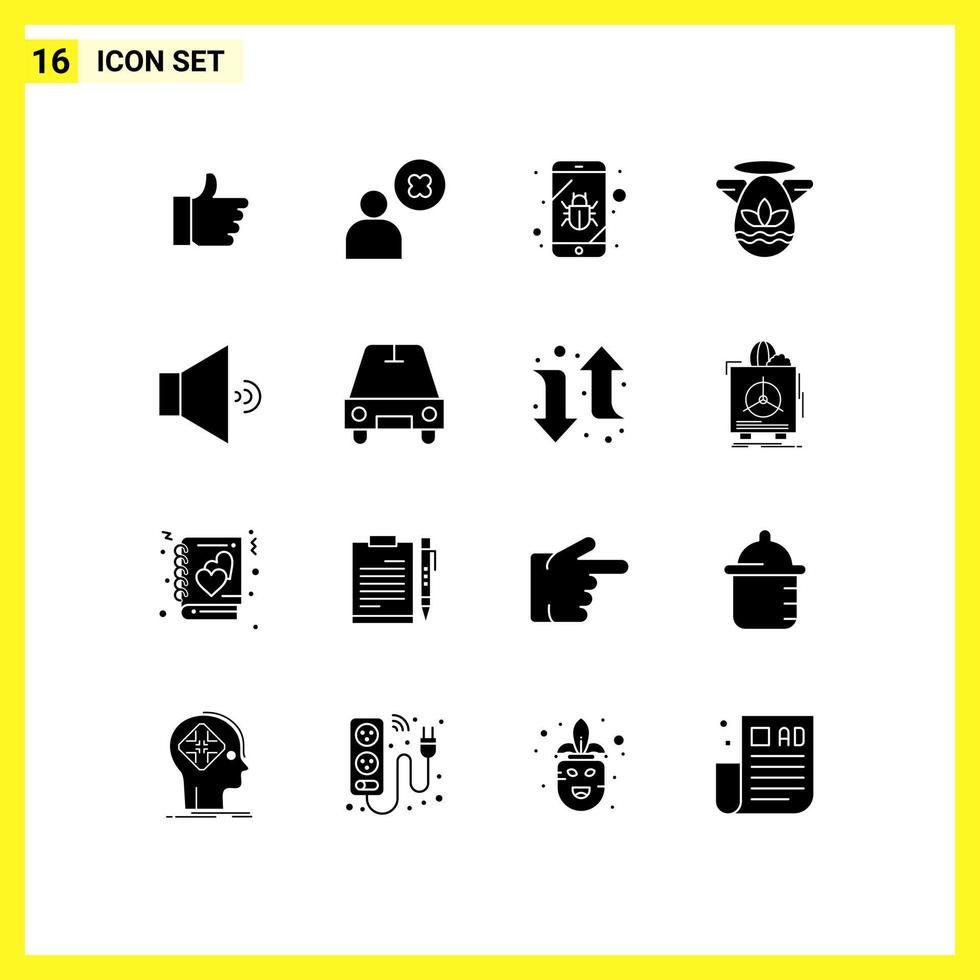 Group of 16 Solid Glyphs Signs and Symbols for speaker protractor bug easter angle Editable Vector Design Elements