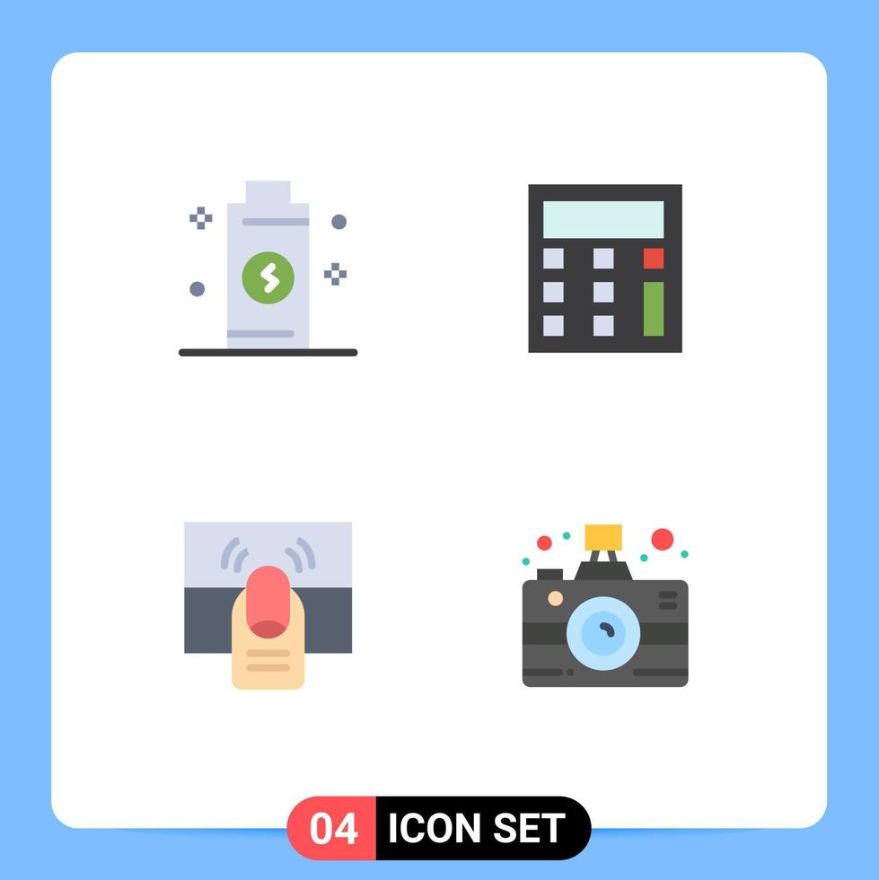 paquete de 4 signos y símbolos de iconos planos modernos para medios de impresión web, como elementos de diseño vectorial editables táctiles matemáticos de energía manual de batería vector