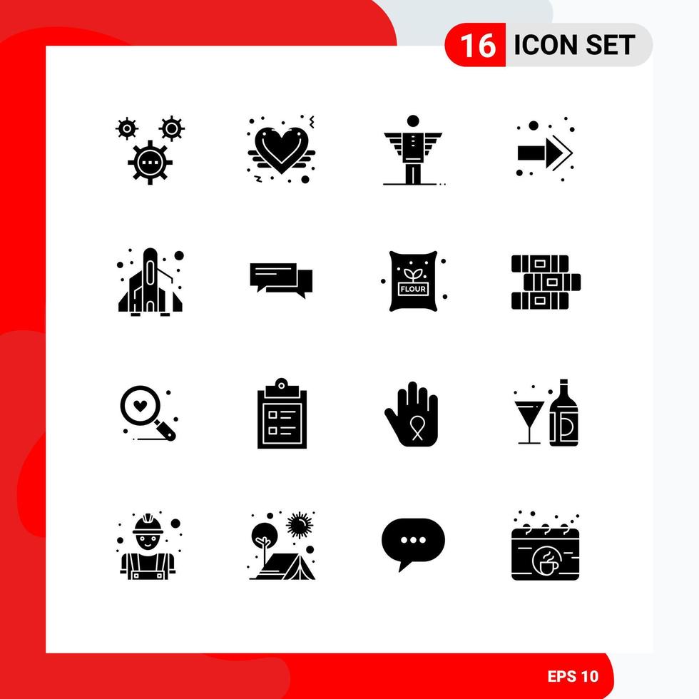 16 User Interface Solid Glyph Pack of modern Signs and Symbols of rocket back love arrow freedom Editable Vector Design Elements