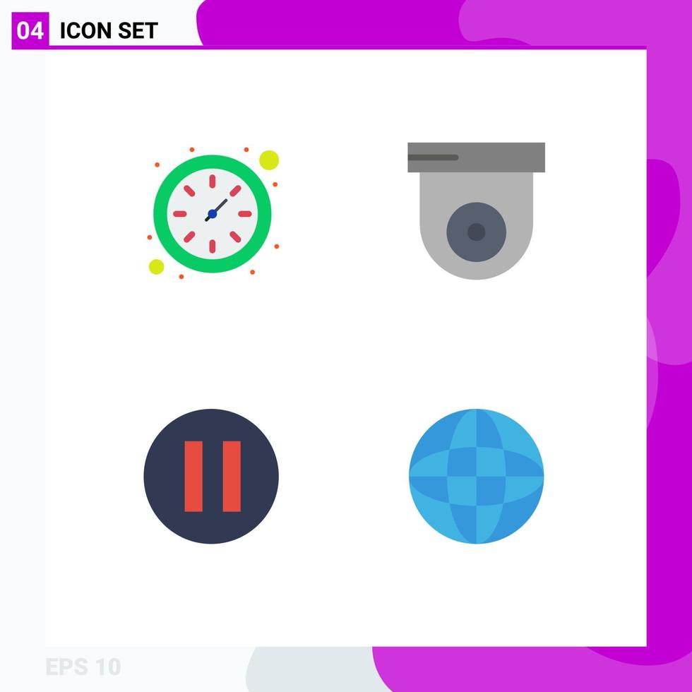 Set of 4 Vector Flat Icons on Grid for clock devices camera multimedia equipment Editable Vector Design Elements