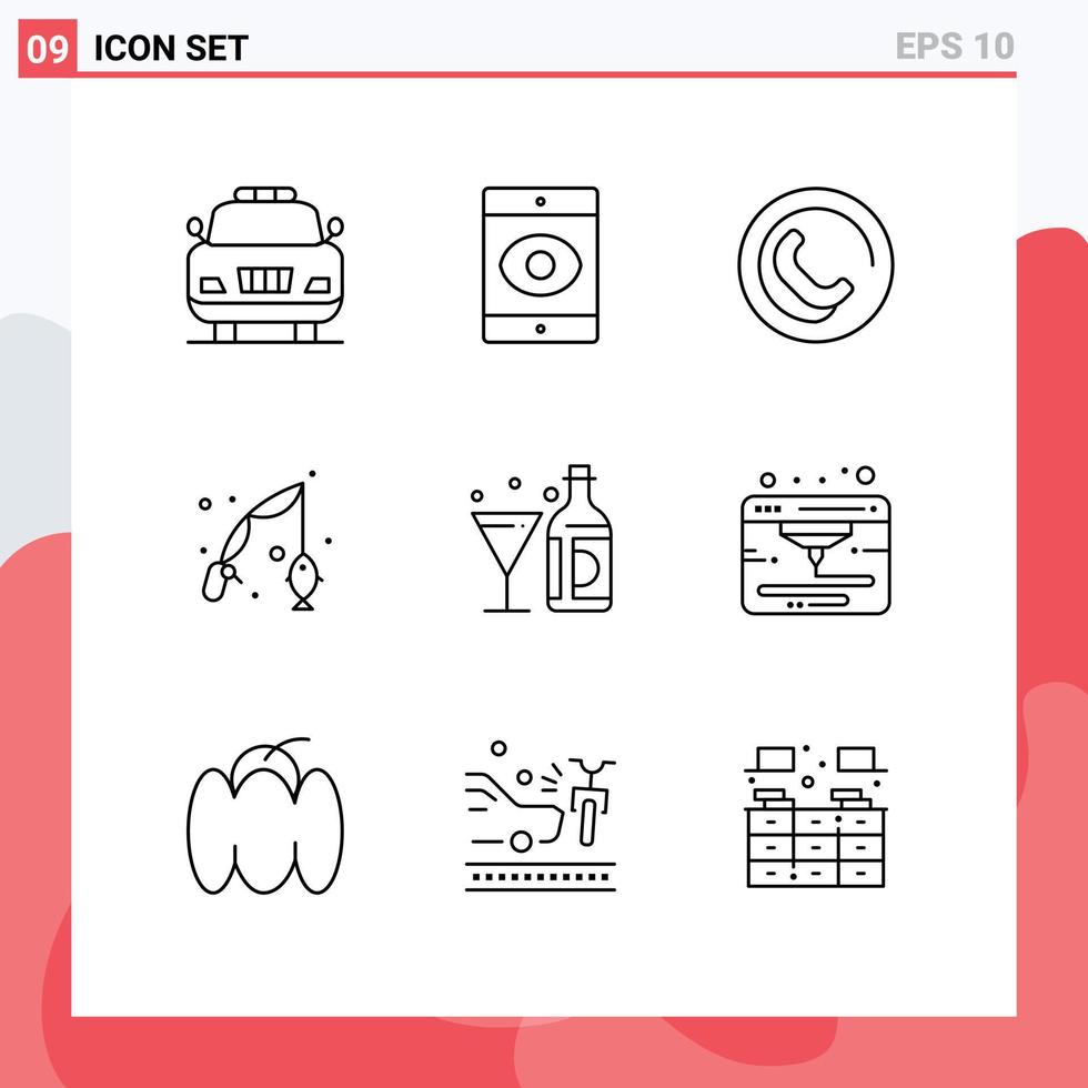 Modern Set of 9 Outlines Pictograph of glass american sign wine hobby Editable Vector Design Elements