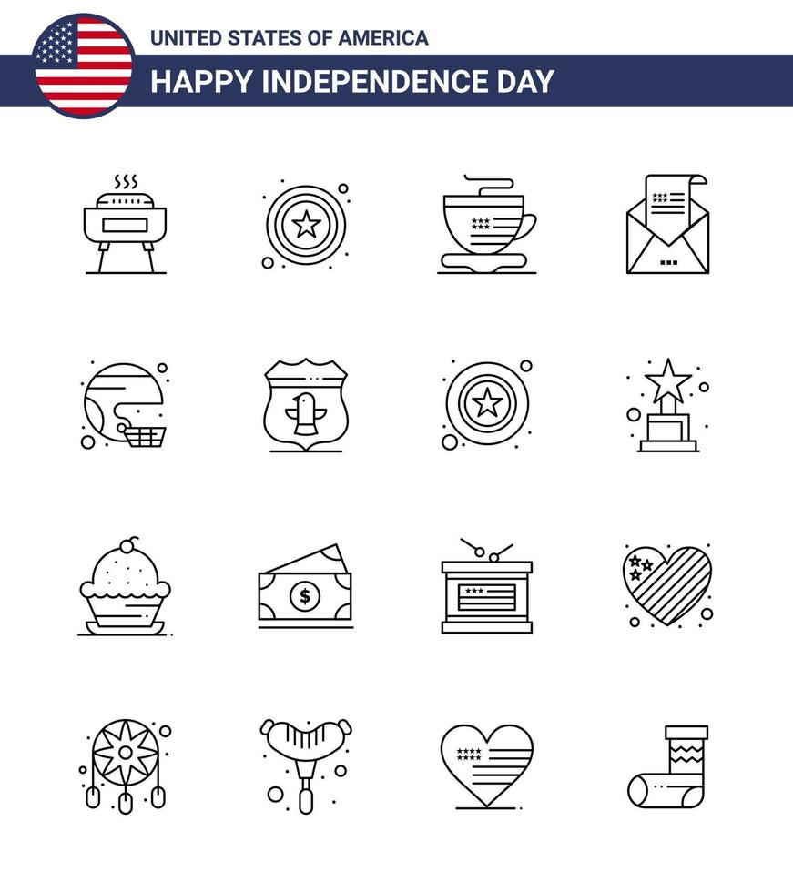 Stock Vector Icon Pack of American Day 16 Line Signs and Symbols for helmet american cup mail greeting Editable USA Day Vector Design Elements