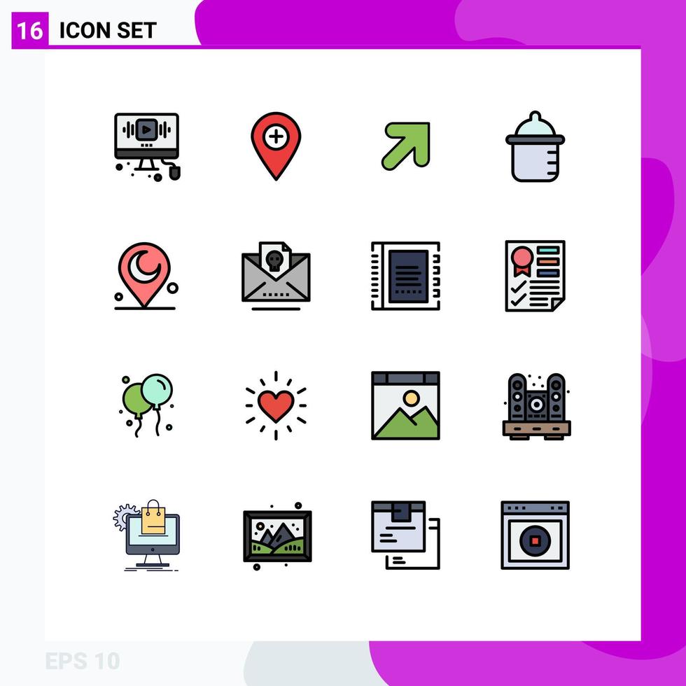 Pack of 16 Modern Flat Color Filled Lines Signs and Symbols for Web Print Media such as muslim infant marker bottle right Editable Creative Vector Design Elements