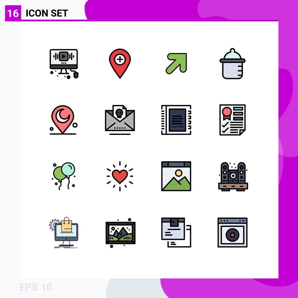 paquete de 16 líneas llenas de colores planos modernos, signos y símbolos para medios de impresión web, como la botella de marcador infantil musulmán, elementos de diseño de vectores creativos editables a la derecha