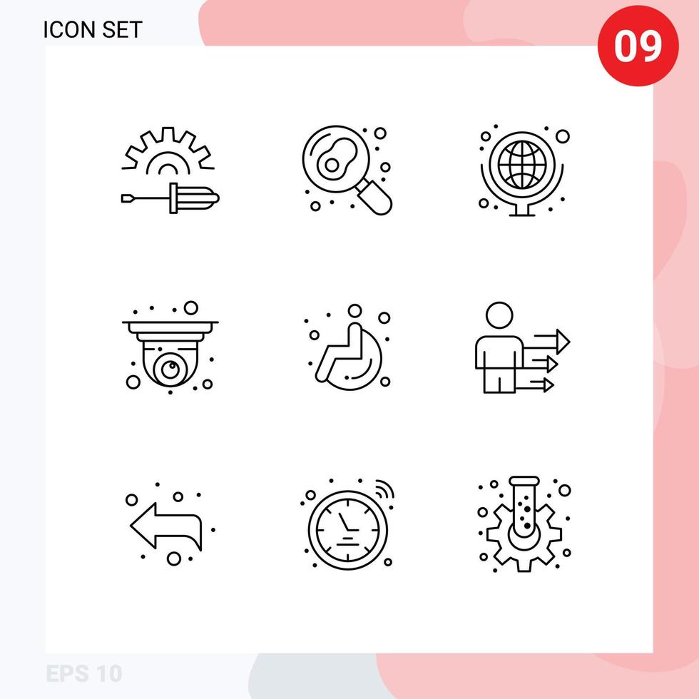 Stock Vector Icon Pack of 9 Line Signs and Symbols for wheel security camera geography security camera Editable Vector Design Elements