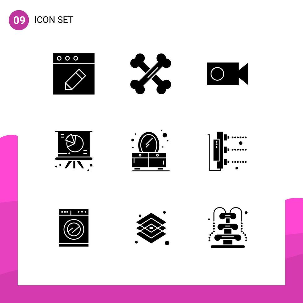 9 User Interface Solid Glyph Pack of modern Signs and Symbols of factory dresser record bedroom pie Editable Vector Design Elements