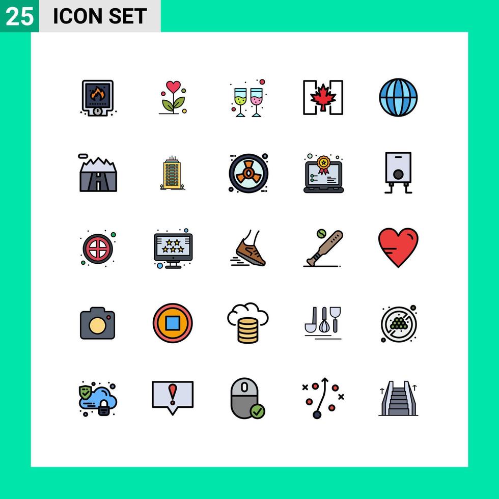 Group of 25 Filled line Flat Colors Signs and Symbols for global leaf heart canada flag Editable Vector Design Elements