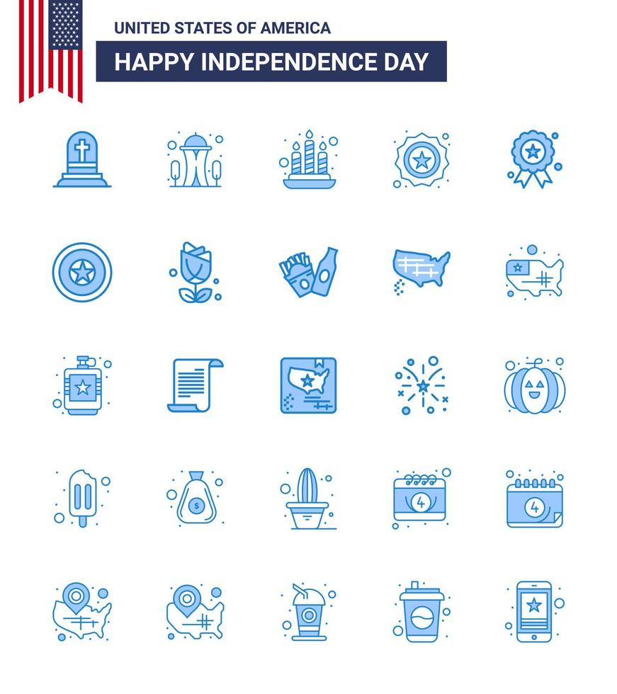 conjunto moderno de 25 azules y símbolos en el día de la independencia de EE. UU., como el día de la independencia, vacaciones, bandera de velas, seguridad, elementos de diseño vectorial editables del día de EE. UU. vector