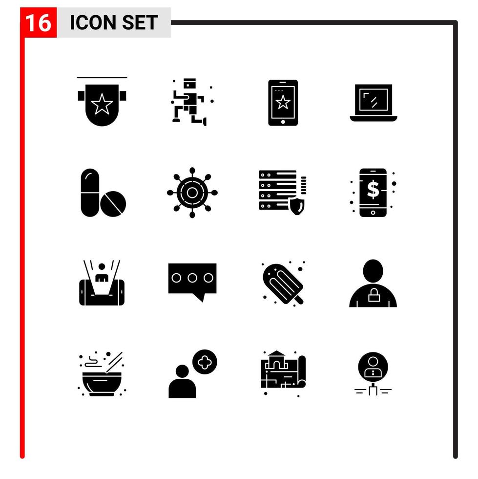 Editable Vector Line Pack of 16 Simple Solid Glyphs of space medicine mobile laptop web Editable Vector Design Elements