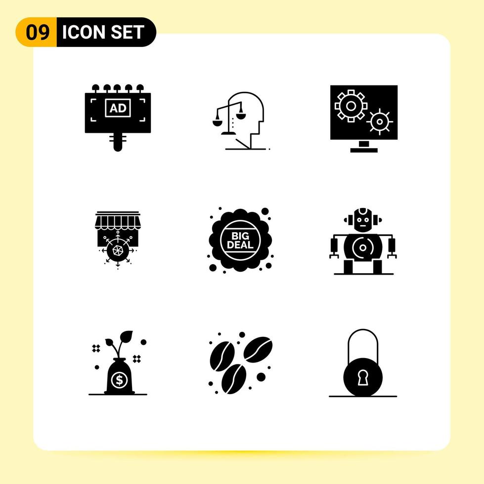 User Interface Pack of 9 Basic Solid Glyphs of business shopping mind shop screen Editable Vector Design Elements