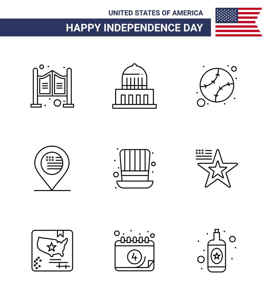 paquete de 9 líneas de celebración del día de la independencia de EE. UU. Signos y símbolos del 4 de julio, como el signo del sombrero, el mapa americano, los elementos de diseño vectorial del día de EE. UU. editables en EE. UU. vector