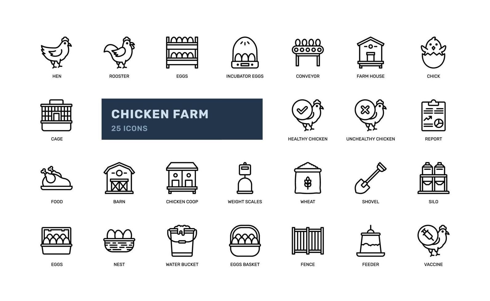 granja de huevos de pollo agricultura aves icono de esquema detallado con gallina, gallo, comedero, pollito. ilustración vectorial sencilla vector
